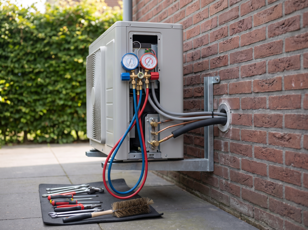 Onderhoud aan de buitenunit van een airco met manometerset